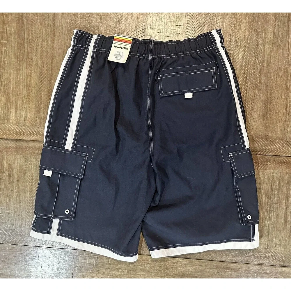 NWT Hang Ten Board Shorts Mens Size Large Navy White Stripe Mesh Draw String NEW